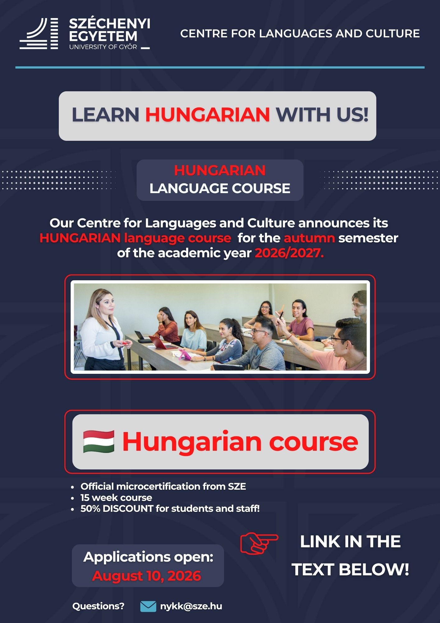 Hungarian course at Széchenyi University 2026/27 Autumn